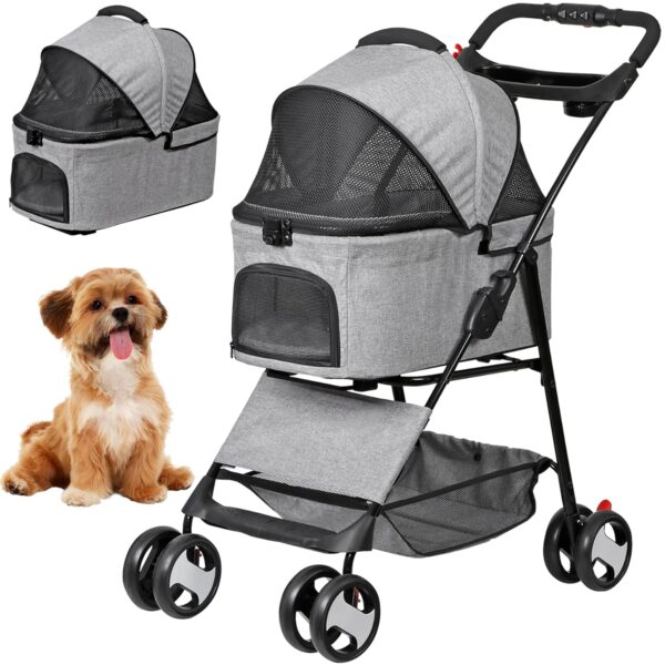 4 Wheels Dog Stroller with Detachable Carrier Folding Pet Strolling Cart for Small Medium Cats Puppies with Storage Basket Cup Holder, Gray