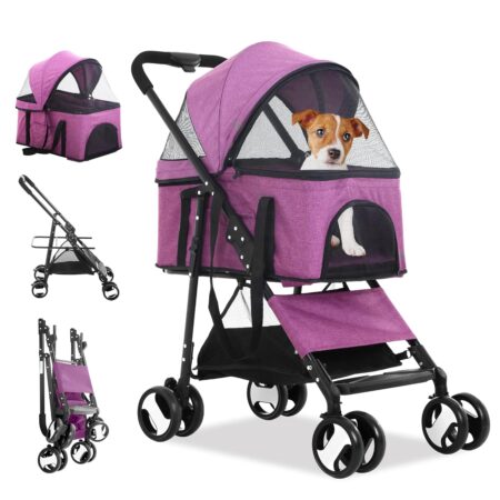Dog Stroller 3-in-1 Folding Pet Strollers 4 Wheels Cat Stroller w/Storage Basket Dog Carrier Trolley One-Button Switch Travel Strollers with Safety Belt Detachable Carrier, Purple