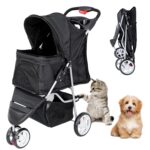 Foldable Pet Stroller, Cat/Dog Stroller with 3 Wheel, Pet Strolling Cart, Dog Travel Carrier with Storage Basket + Cup Holder, Black