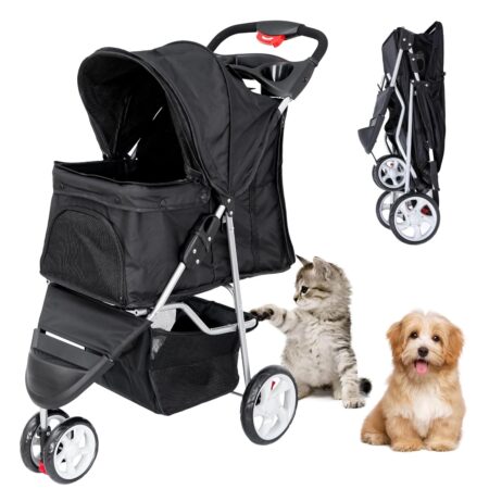 Foldable Pet Stroller, Cat/Dog Stroller with 3 Wheel, Pet Strolling Cart, Dog Travel Carrier with Storage Basket + Cup Holder, Black