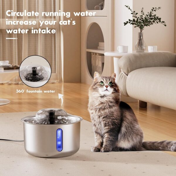Stainless Steel Cat Water Fountain, 84oz/2.5L Automatic Pet Fountain Dog Water Dispenser with Replacement Filters & Silicone Mat for Cats, Dogs, Multiple Pets