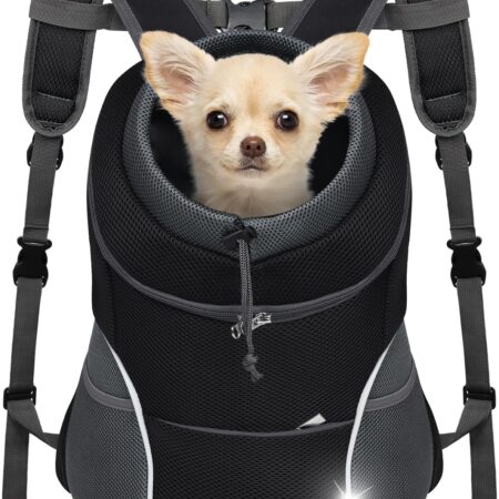 Dog Front Carrier Backpack, Adjustable Breathable Pet Carrier for Small Dogs, Ventilated Puppy Back Pack with Safety Belt, Lightweight Doggy Backpack for Hiking Outdoor (Black, M: 4.5-9 lbs)