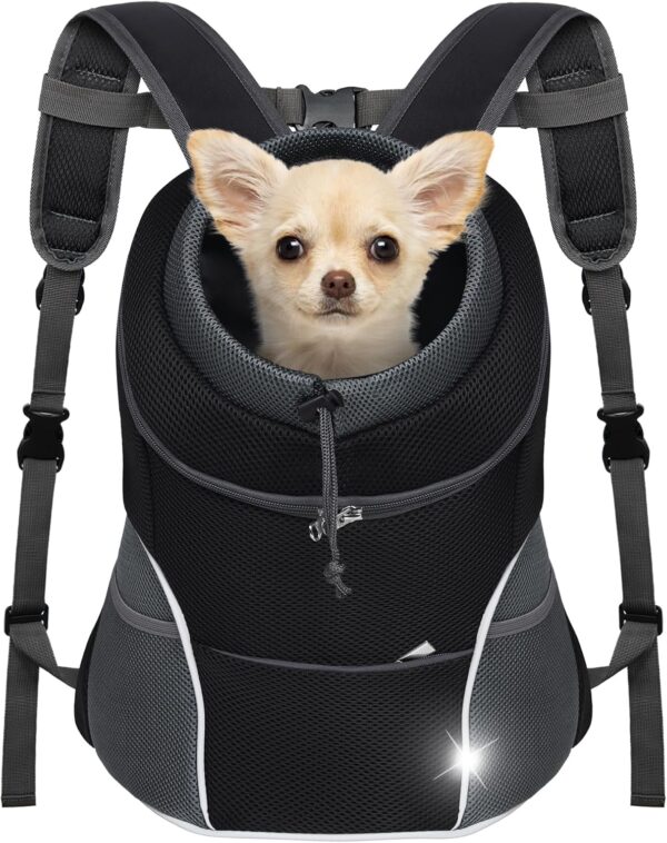Dog Front Carrier Backpack, Adjustable Breathable Pet Carrier for Small Dogs, Ventilated Puppy Back Pack with Safety Belt, Lightweight Doggy Backpack for Hiking Outdoor (Black, M: 4.5-9 lbs)