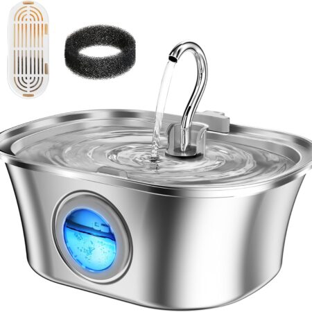 Cat Water Fountain with Water Level Window,  108oz/3.2L Stainless Steel Automatic Pet Water Fountain, Dishwasher Safe Dog Water Dispenser with Ultra-Quiet Pump, Multi-Filtration System