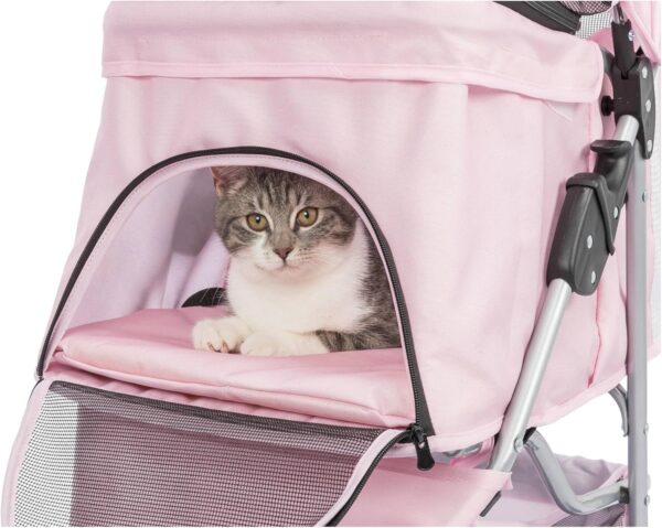 Foldable Pet Stroller for Cats and Dogs, Pet Carrier Strolling Cart with Weather Cover, Storage Basket, Cup Holder, Pink