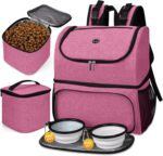 Pet Travel Bag, Double-Layer Pet Supplies Backpack (for All Pet Travel Supplies), Pet Travel Backpack with 2 Silicone Collapsible Bowls and 2 Food Baskets Pink