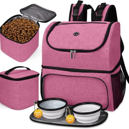 Pet Travel Bag, Double-Layer Pet Supplies Backpack (for All Pet Travel Supplies), Pet Travel Backpack with 2 Silicone Collapsible Bowls and 2 Food Baskets Pink
