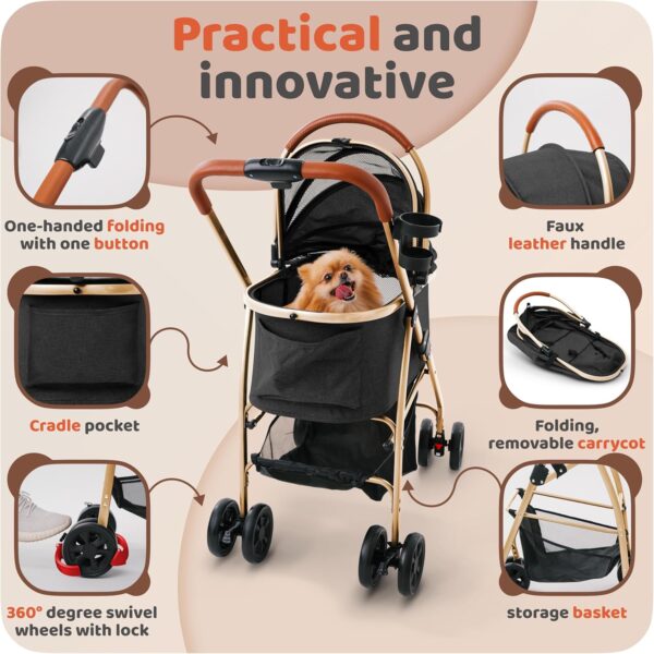 Pet Stroller for Small Medium Dogs Cats with Detachable Carrier – Zipperless Entry, Easy Fold with Removable Liner, Storage Basket + Cup Holder, Black