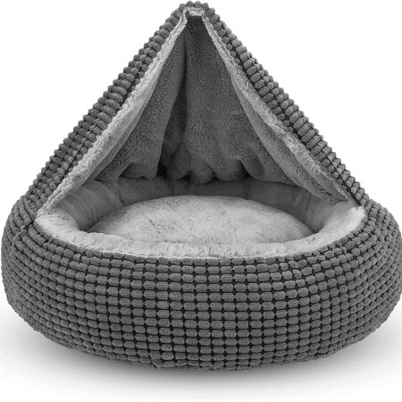 Dog Bed with Attached Blanket for Small Dogs or Cats, Soft Plush Cozy Donut  Hooded Pet Beds Washable. Round Puppy Bed Orthopedic, Calming Cat Cave Bed. Anti-Slip Bottom 26inch