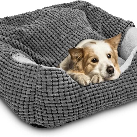Dog Beds for Large Medium Small Dogs, Rectangle Cave Hooded Blanket Puppy Bed, Luxury Anti-Anxiety Orthopedic Cat Beds for Indoor Cats, Warmth and Machine Washable (35 inches, Grey)