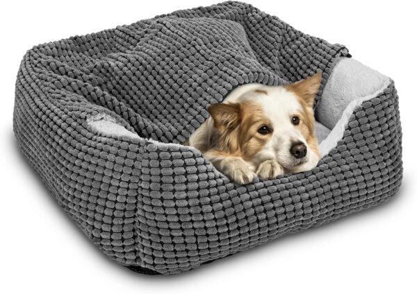 Dog Beds for Large Medium Small Dogs, Rectangle Cave Hooded Blanket Puppy Bed, Luxury Anti-Anxiety Orthopedic Cat Beds for Indoor Cats, Warmth and Machine Washable (35 inches, Grey)