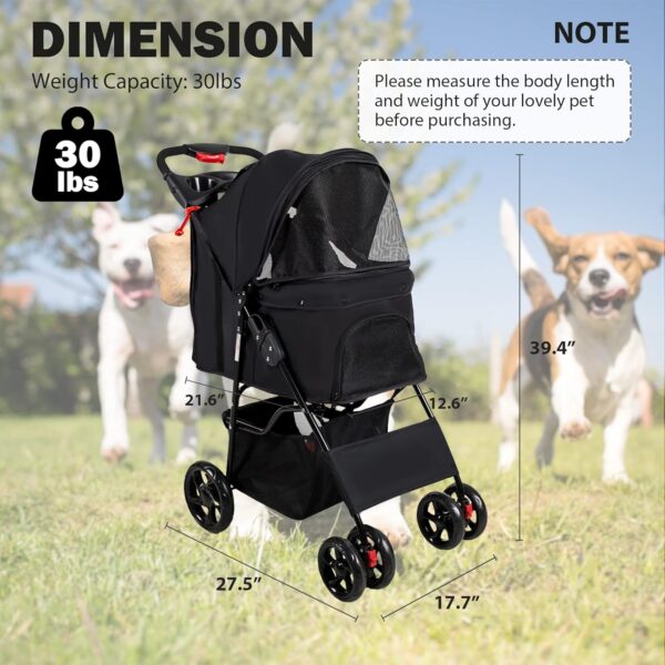 Pet Stroller, 4 Wheels Foldable Dog Stroller with Storage Basket and Cup Holder, Dog Carriage for Medium Small Dogs Cats Jogging Travel Carrier Cart, Black