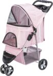 Foldable Pet Stroller for Cats and Dogs, Pet Carrier Strolling Cart with Weather Cover, Storage Basket, Cup Holder, Pink