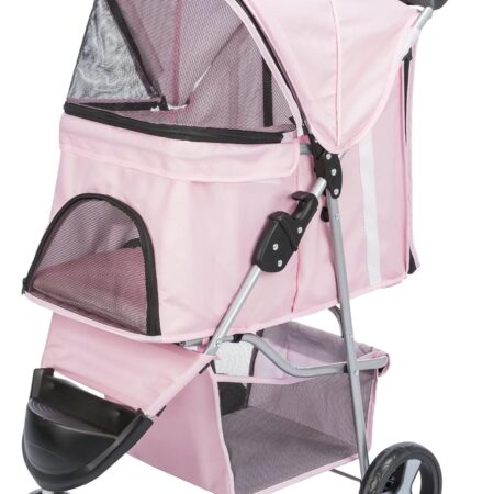 Foldable Pet Stroller for Cats and Dogs, Pet Carrier Strolling Cart with Weather Cover, Storage Basket, Cup Holder, Pink