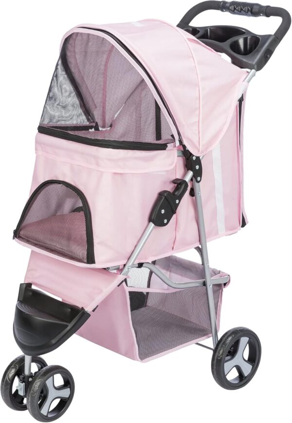 Foldable Pet Stroller for Cats and Dogs, Pet Carrier Strolling Cart with Weather Cover, Storage Basket, Cup Holder, Pink