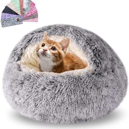 Calming Dog Beds & Cat Cave Bed with Hooded Cover,Removable Washable Round Beds for Small Medium Pets,Anti-Slip Faux Fur Fluffy Coved Bed,Comfortable Warming Pet Bed (20 * 20inch, Grey)
