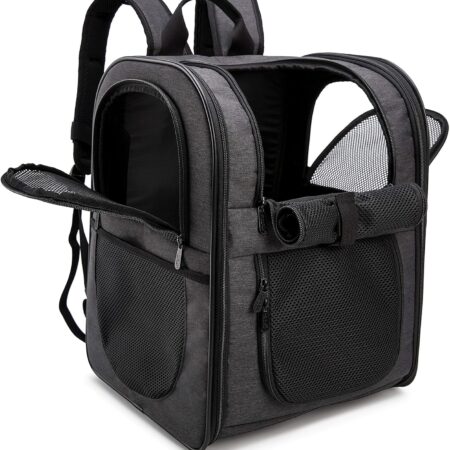 Pet Carrier Backpack for Large/Small Cats and Dogs, Puppies, Safety Features and Cushion Back Support for Travel, Hiking, Outdoor Use (Black)